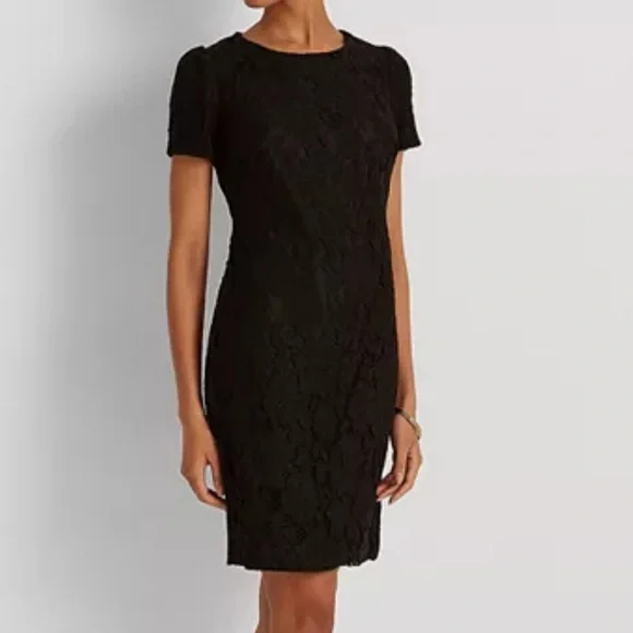 LAUREN RALPH LAUREN BLACK LACE PUFF SHORT SLEEVE COCKTAIL MIDI DRESS **NWT** - Picture 7 of 15